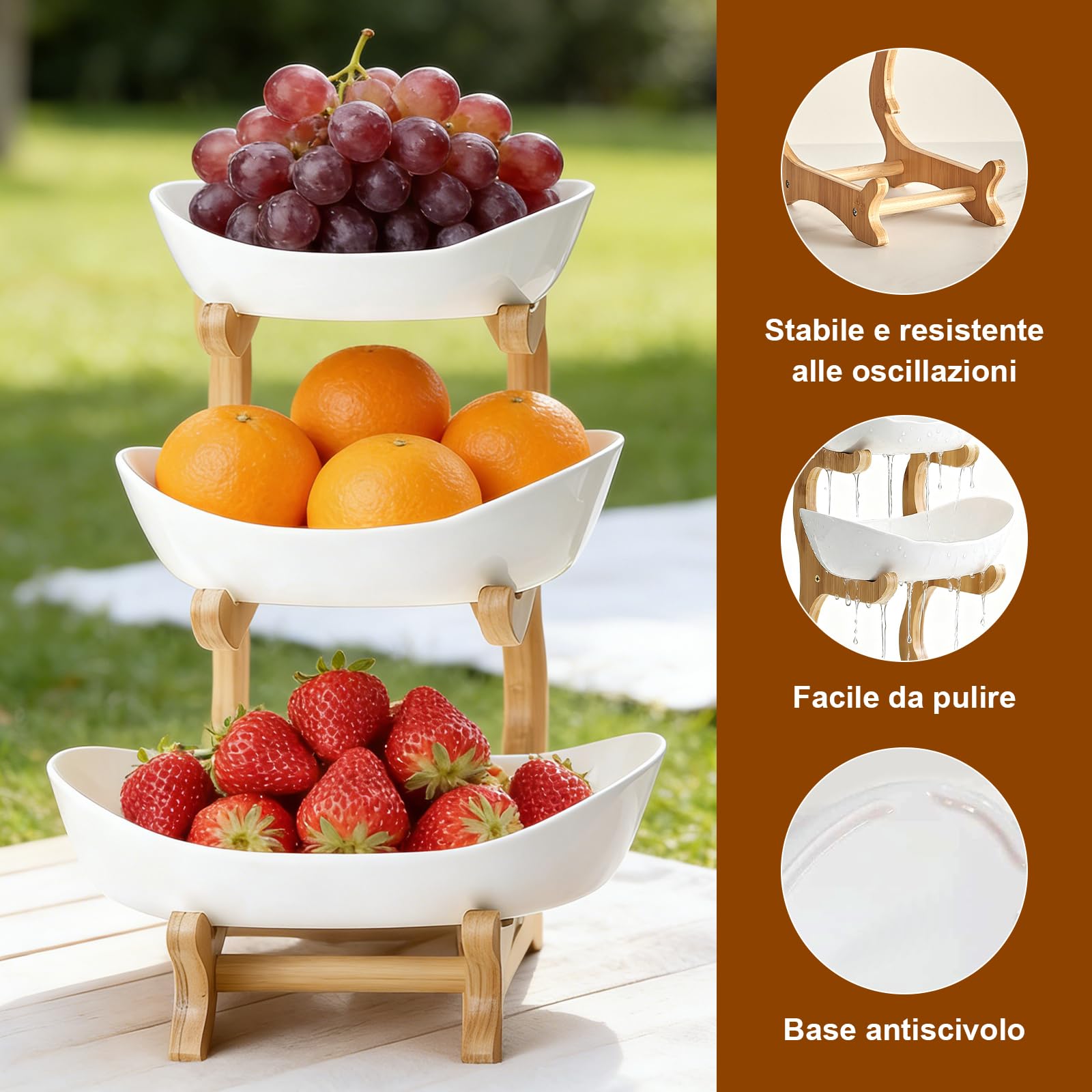 Plastica a 3 Livelli Piano, Portafrutta a Ripiani con Supporto Telaio in Legno Naturale, Porta Frutta da Tavolo Verdura per Cibo, Verdure, Torte