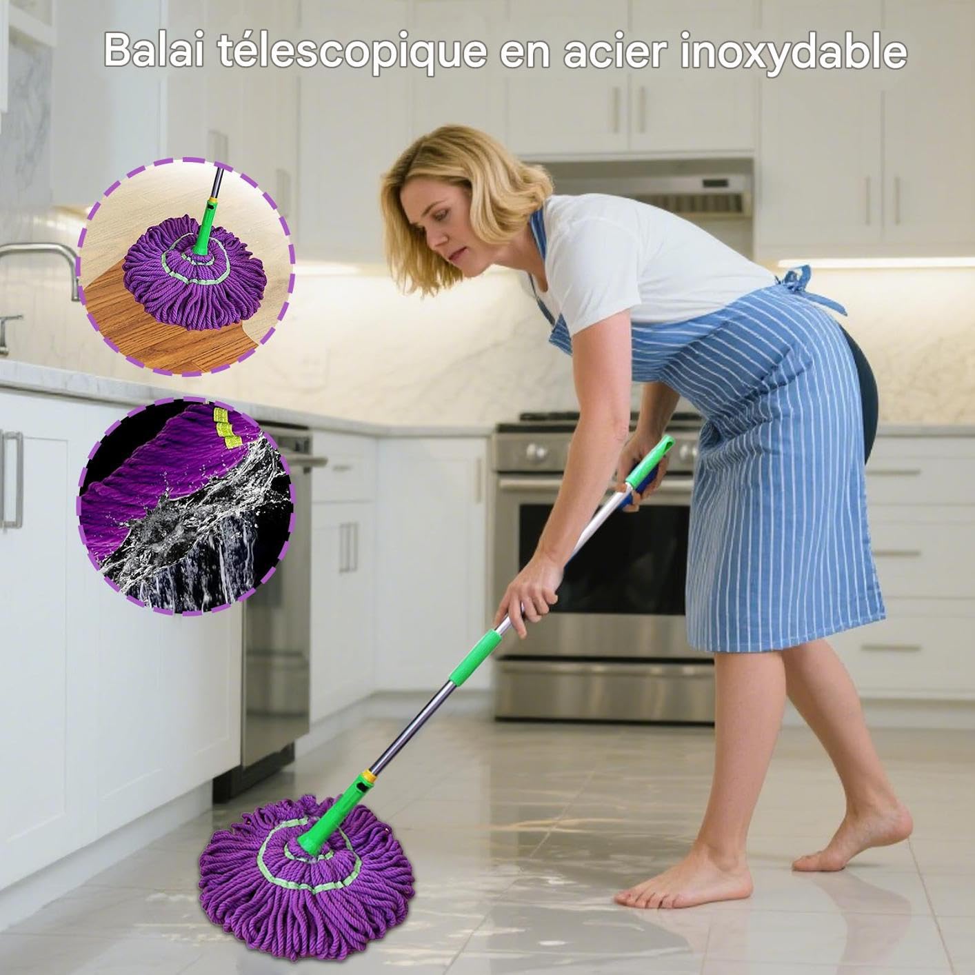 Balai Serpillère Twist Mop, Vadrouille Nettoyage Lave Sol avec Télescopique Manche de 115 cm de Long, Double Usage Humide et Sec pour Le Nettoyage du Bois, Carrelage, Marbre