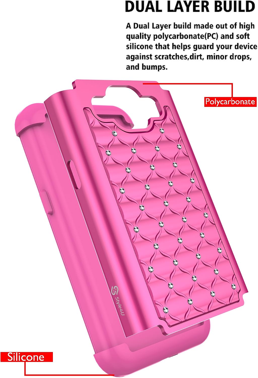 Style4U Galaxy Core Prime Case, Studded Rhinestone Crystal Bling Hybrid Armor Case Cover for Samsung Galaxy Core Prime G360 with 1 Stylus [Hot Pink/Hot Pink]