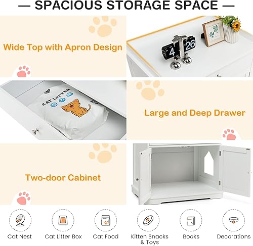 Miniatura 5 de Tangkula Caja de arena para gatos, muebles ocultos con cajón grande, 2 puertas, banco de almacenamiento para baño de gatos, mesa auxiliar para