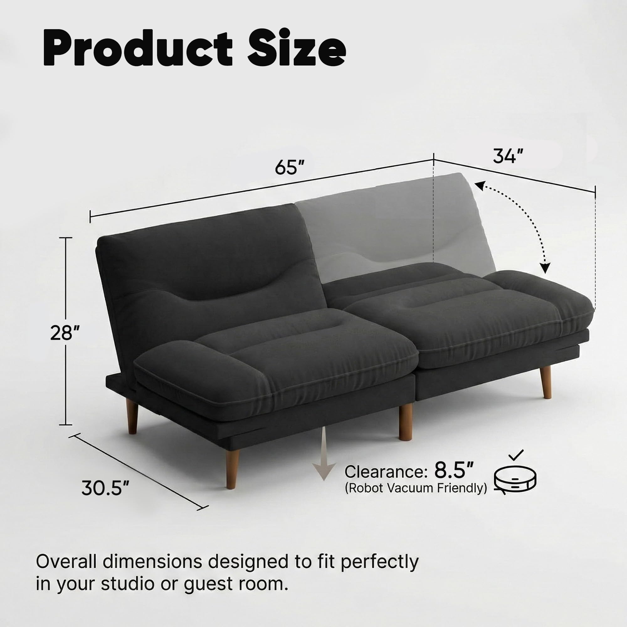 Flamaker Futon Sofa Bed, 65'' Loveseat with Adjustable Armrest & Backrest | Sleeper Sofa with Wooden Frame, Modern Convertible Futon Couch for Small Spaces, Studio, Apartment, Guest Room | Linen, Black