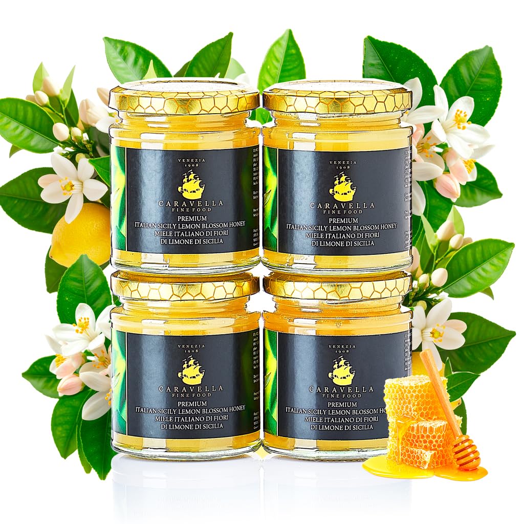 4x Miel de flor de limón de Sicilia 250 gr Caravella Fine Food| Italiana Cruda Cremosa Ligero Aroma Cítrico| Rica en minerales enzimas y antioxidantes | Ideal para Té Quesos Croissants Frutas Postres