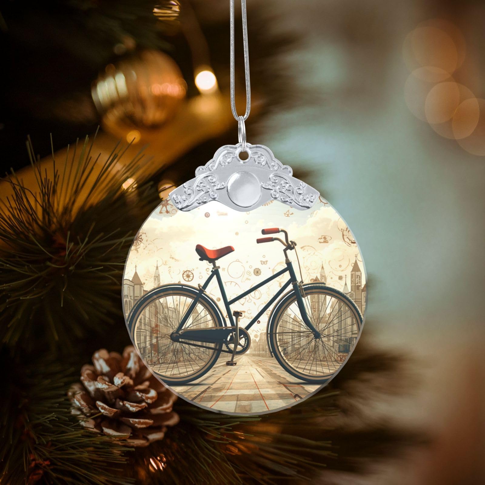 Crystal Christmas Ornaments for Christmas Tree Decoration Hanging Retro Bicycle Ornament with Gold Ribbon Crafts Round Pendant for Keepsake Gifts Glass Xmas Decor Party Supplies