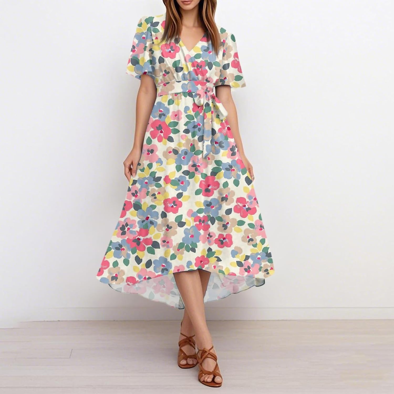 Womens Boho Floral Printed Chiffon Dresses 2026 Trendy V Neck Belted Casual Summer Wedding Prom Cocktail Midi Dress
