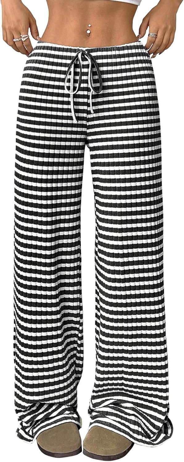 Akiooue Damen Palazzo Hose Mit Weitem Bein - Elastische Taille Mit Kordelzug Gestreift