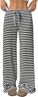 Akiooue Palazzo Damenhose mit weitem Bein, leger, locker gestreift, elastische Taille, Stretchhose mit Kordelzug