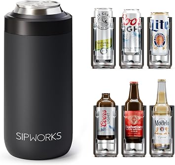 Sipworks Universal Can Cooler - Fits All - Insulated Slim Can Cooler for 12 oz Regular or Slim Cans & Bottles - Double-Walled Stainless Steel Skinny Can Can Cooler, Midnight Black