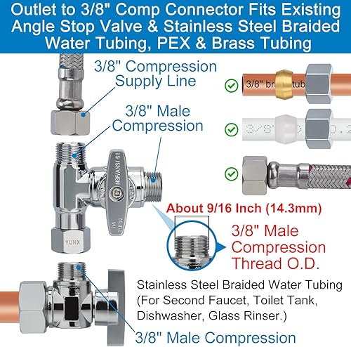 Vista 20 de YUHX Válvula Add-A-Tee de tope de ángulo de latón, salida de compresión de 3/8 pulgadas fácil de conectar desviador de 3 vías 3/8"x3/8"x1/4" o 3/8