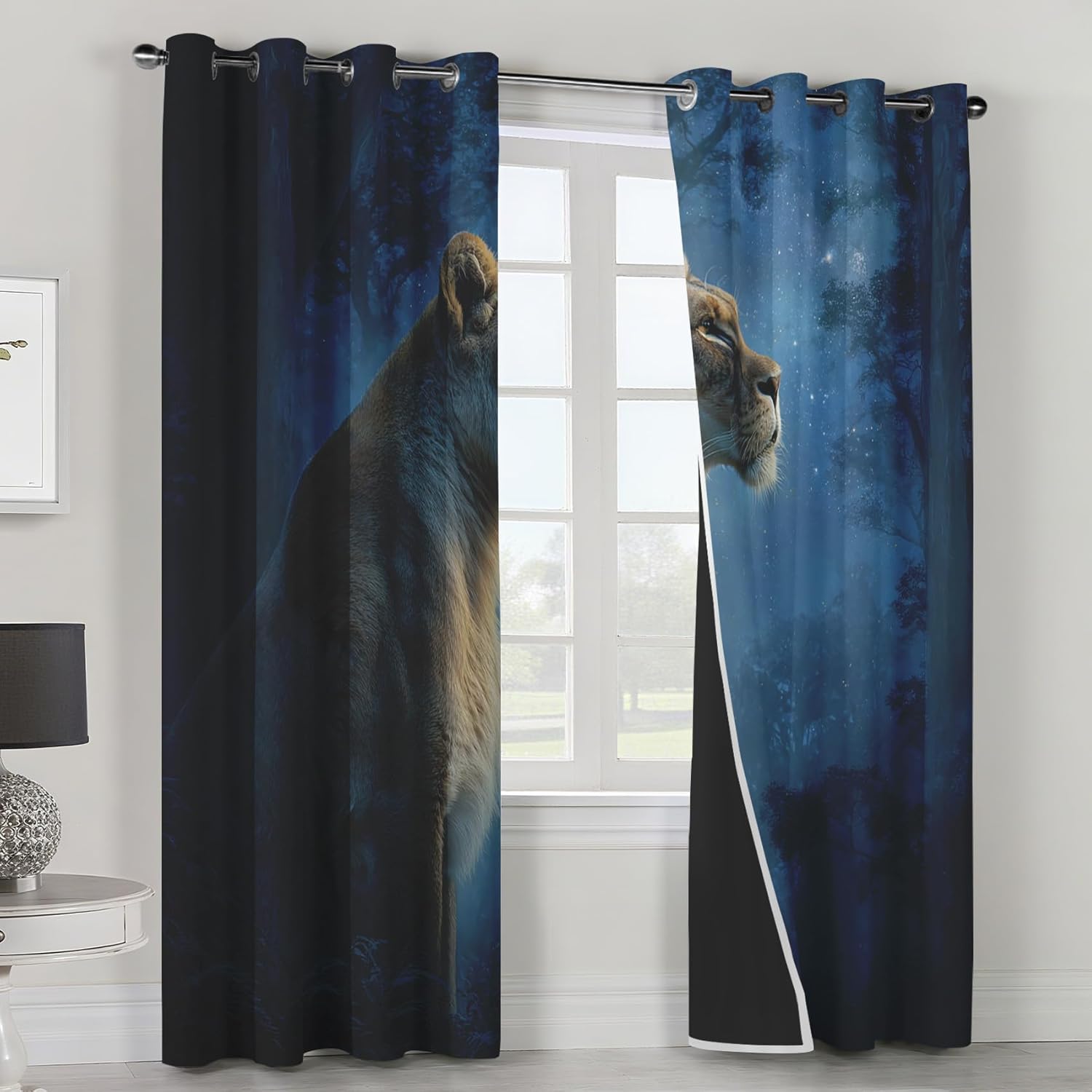 Lion Curtains for Bedroom, Starlight Wild Animal Blackout Curtains Living Room Decor, Lion Thermal Insulated Grommet Drapes & Home Decor, 27.5 x 39 Inch 2 Panels K-X9