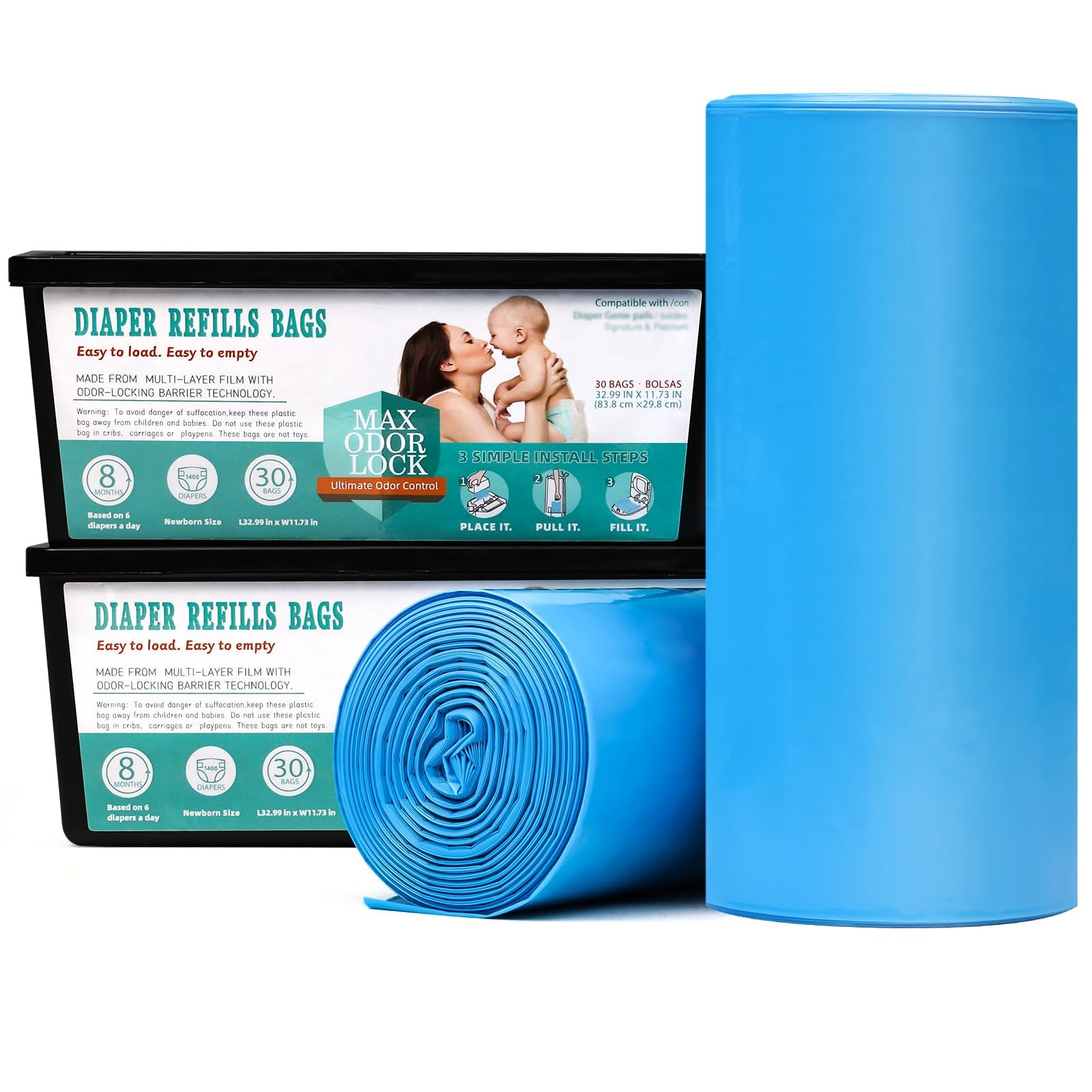 MOEMOE BABY Cassetta di ricarica per pannolini, 2 pezzi, con tecnologia MAX ODOR Lock e a prova di perdite, 60 sacchetti per cameretta dei bambini, cucina e bagno, blu