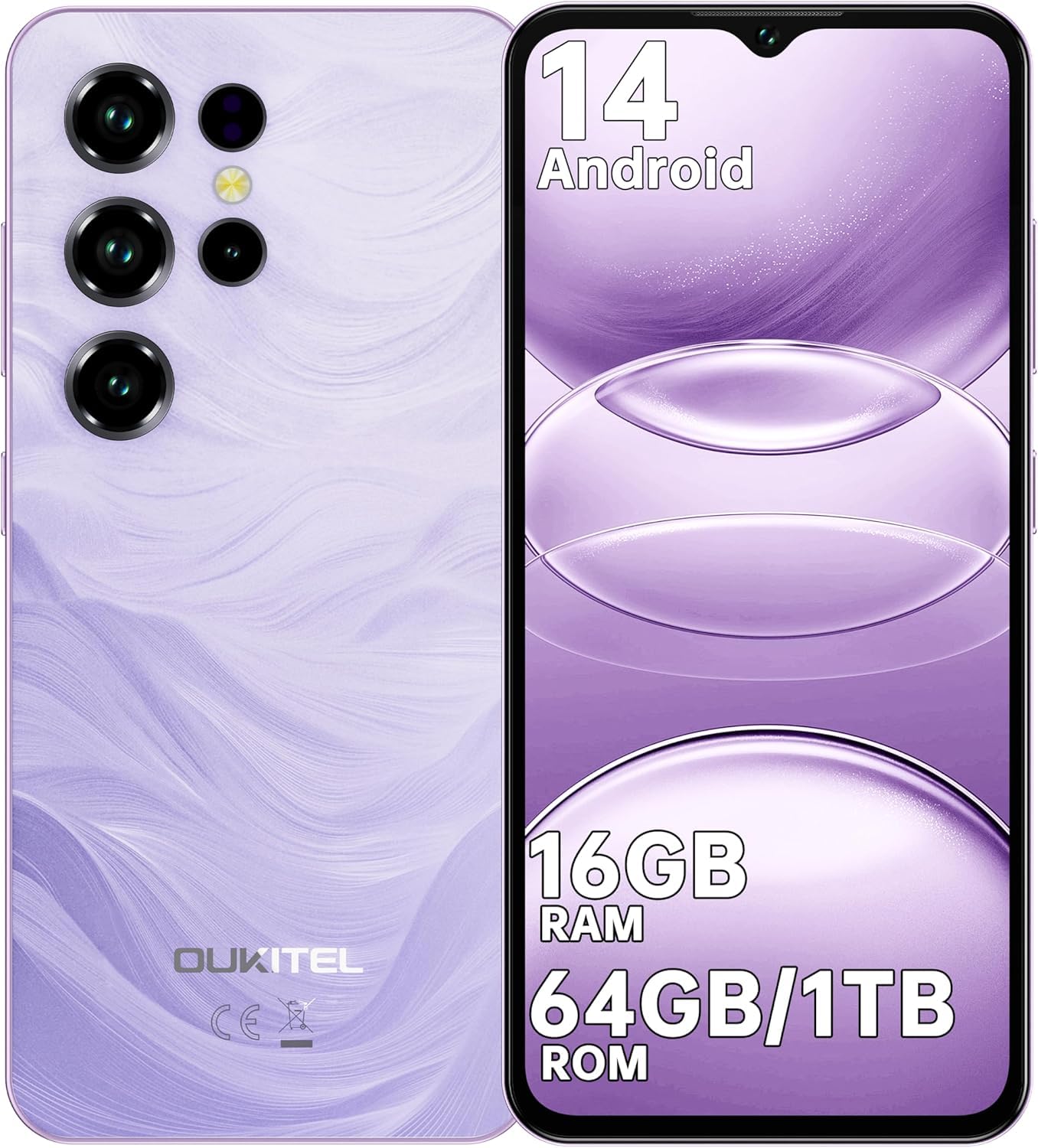 OUKITEL C2 Smartphone Android 14-16(4+12) GB RAM + 64GB ROM/TF 1TB - 6,52" HD Telefono Cellulare 5000nAh 13MP+5MP Camera Telefono Dual SIM 4G Cellulari e Smartphone /3.5mm Jack/Face ID/OTG Viola