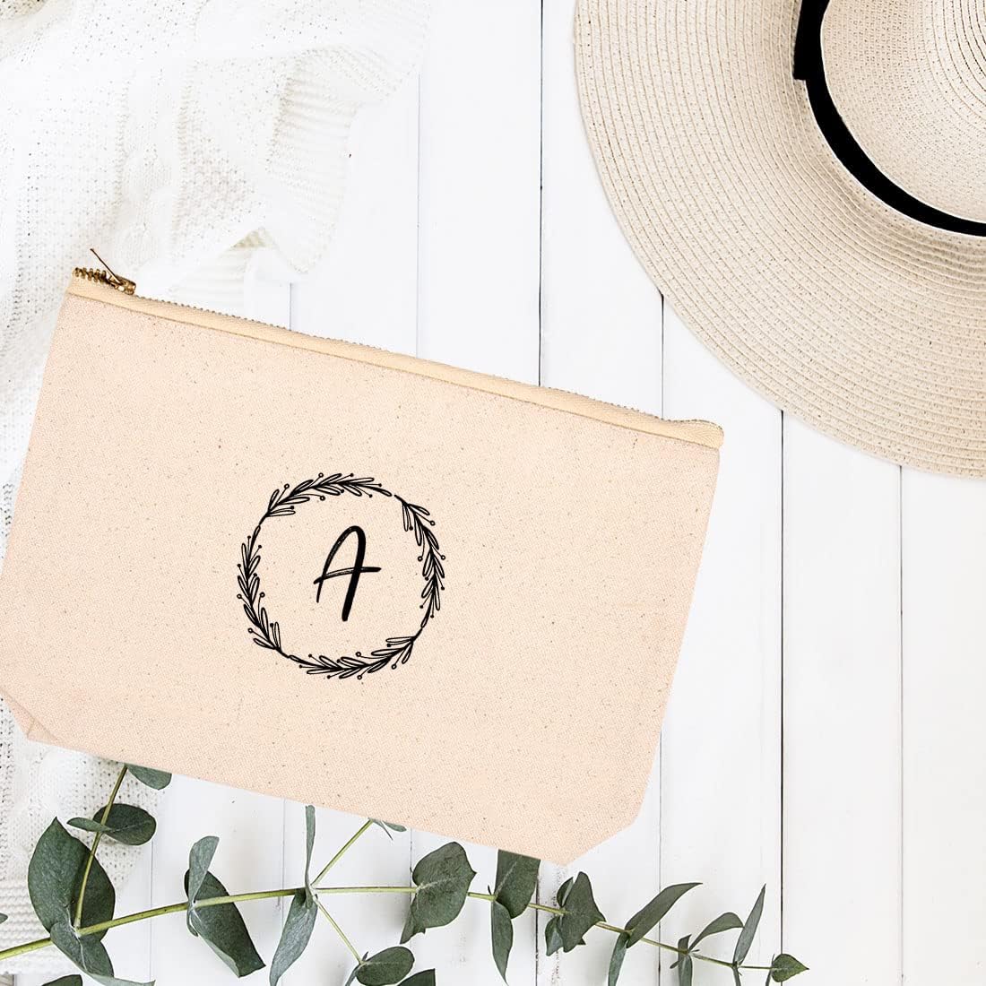 Andaz Press Personalized Makeup Bags for Women Bridesmaid Proposal Gifts Canvas Cosmetic Bag with Zipper Monogrammed Wreath Makeup Pouch For Bridesmaids Girls Weekend Gifts for Women 6.5 x 9 Inch