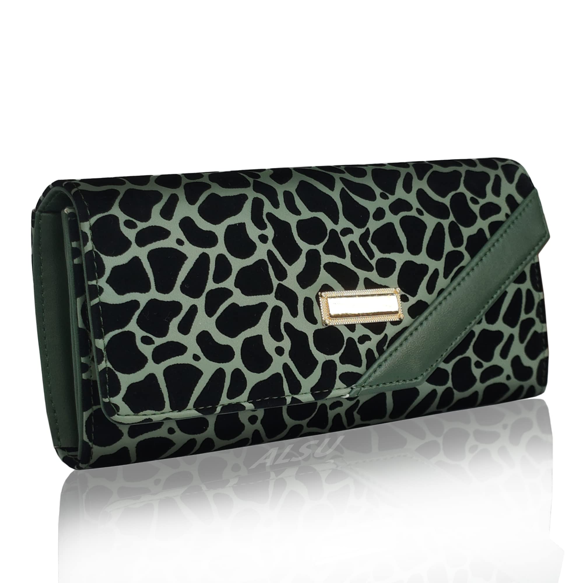 Women's Green Hand Wallet Clutch | Phone Pocket | 4 Card Slots | Premium Velvet with Jaguar Strips Design (gdu-019grn)-image-37