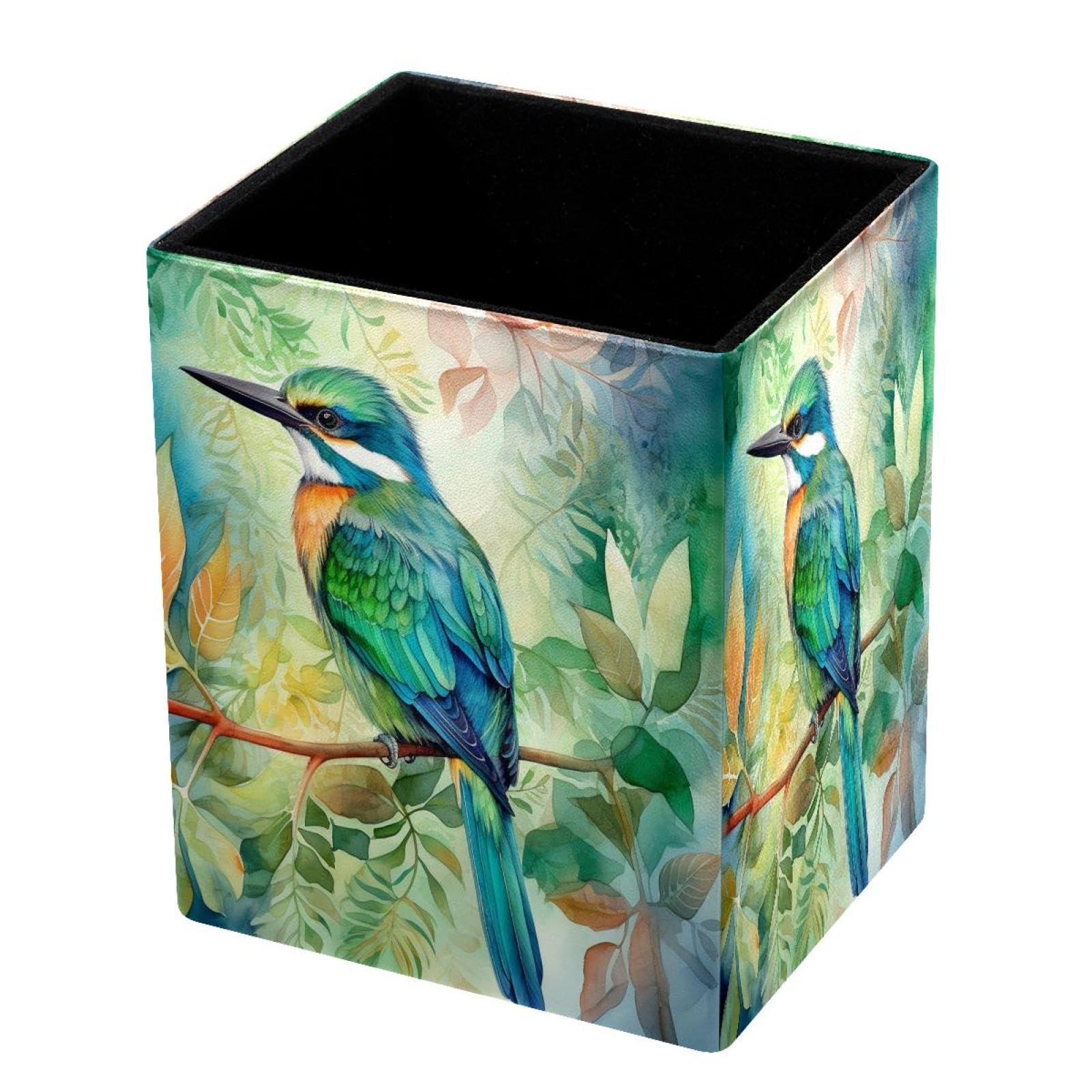 DragonBtu Desktop Pencil Holder, Watercolor Bird Rectangular Pencil Cup, Pencil Storage Bag Office Desk Supplies Case for School, Kids