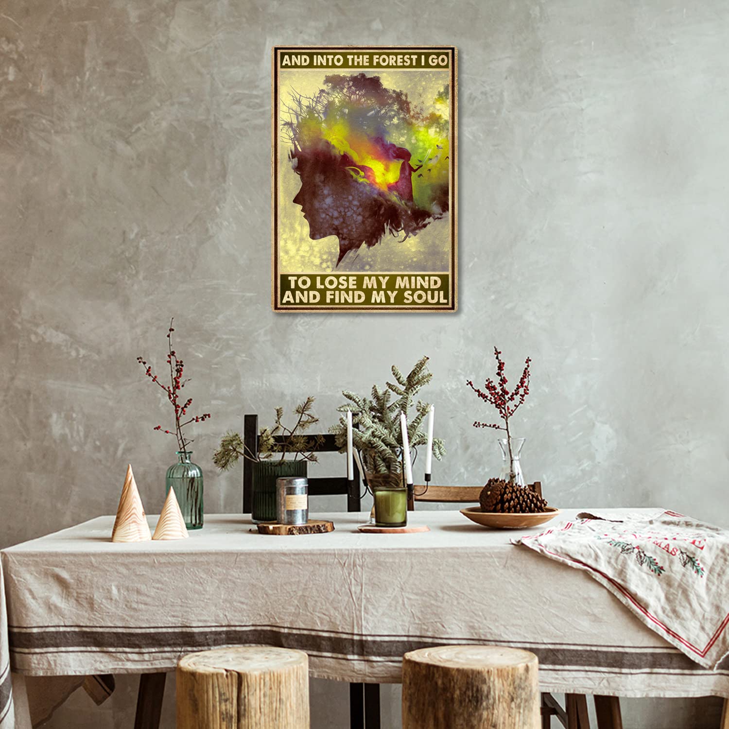 Cartello Metallico Decorativo 20x30 Cm – Scritta Ispiratrice \"And Into The Forest I Go To Lose My Mind And Find My Soul\", Stile Vintage Con Luna E Donna