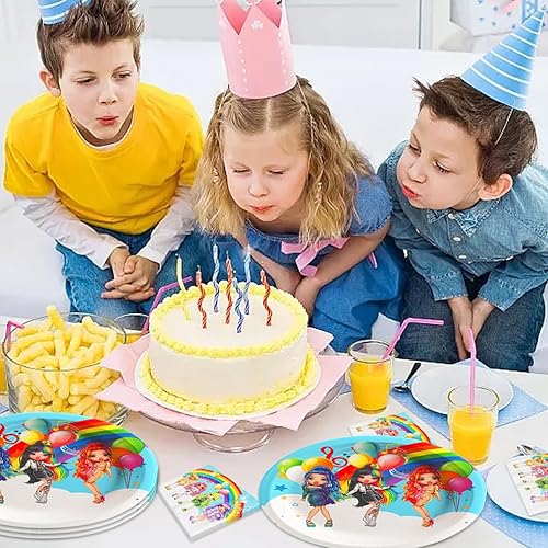 Miniatura 5 de 40 piezas de juguetes de fiesta Rainbow High Dolls incluyen 20 platos, 20 servilletas para decoración de fiesta de cumpleaños de muñecas Rainbow High