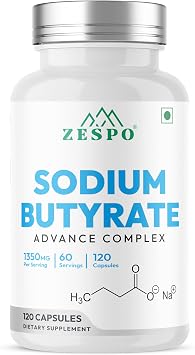 Zespo Sodium Butyrate 1000 mg 1350 mg Advanced Complex Micro-Encapsulated Butyrate with Tributyrin, Calcium BHB & Baobab 120 Vegan Capsules 60 Servings