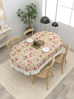 Clasiko 4 Seater Oval Dining Table Cover; 54x78 Inches or 137x198 Cms; Material - PVC; Anti Slip; Pink Flowers On Beige