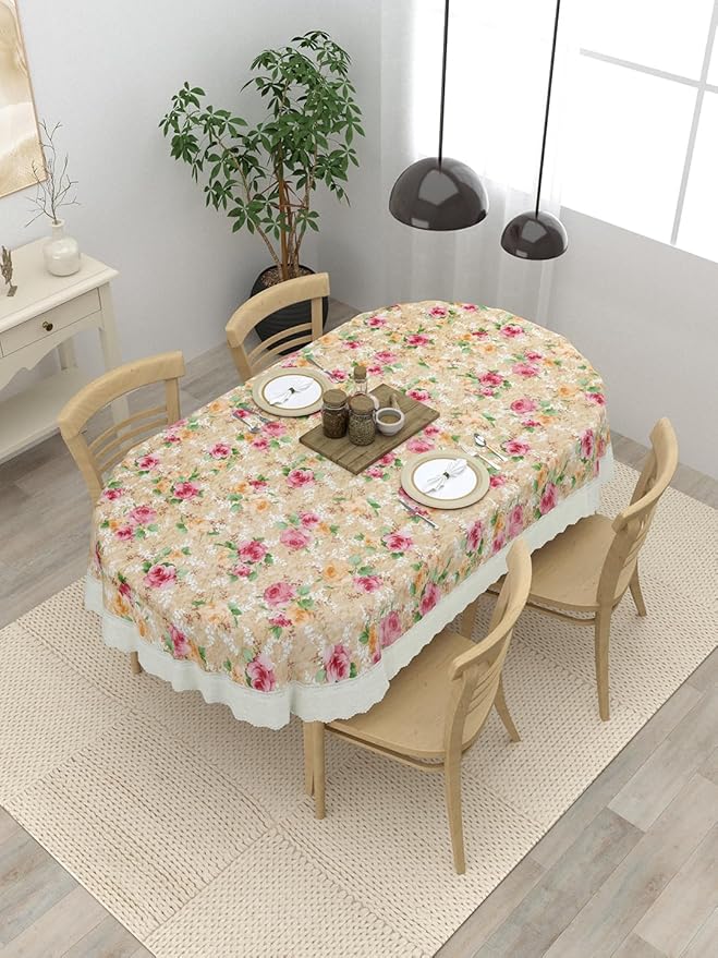 Clasiko 4 Seater Oval Dining Table Cover; 54x78 Inches or 137x198 Cms; Material - PVC; Anti Slip; Pink & Beige Flowers 77030