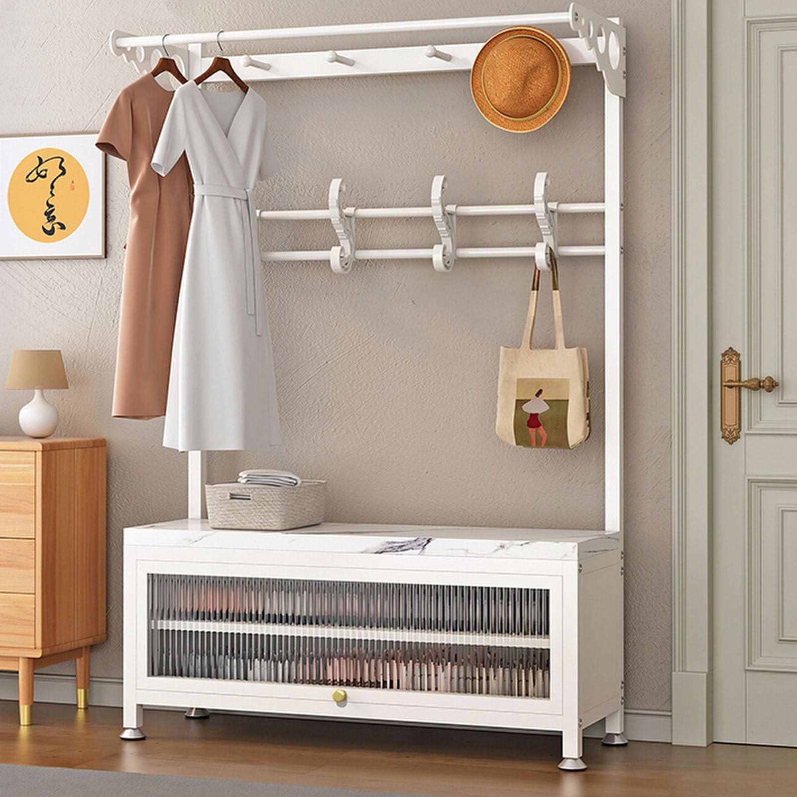 GDMDPTE 3-in-1 Coat Rack with Shoe Bench Freestanding Metal Garment Rack Hall Tree with Storage for Entryway White Hallway nizer 60cm/23.6in Stylish Entrance Solution