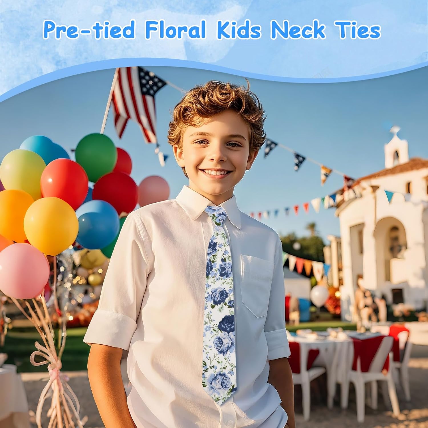 Floral Boys Tie, Cotton Pre-Tied Ties for Boys Girls Wild Flower Kids Neckties for School Wedding Uniform