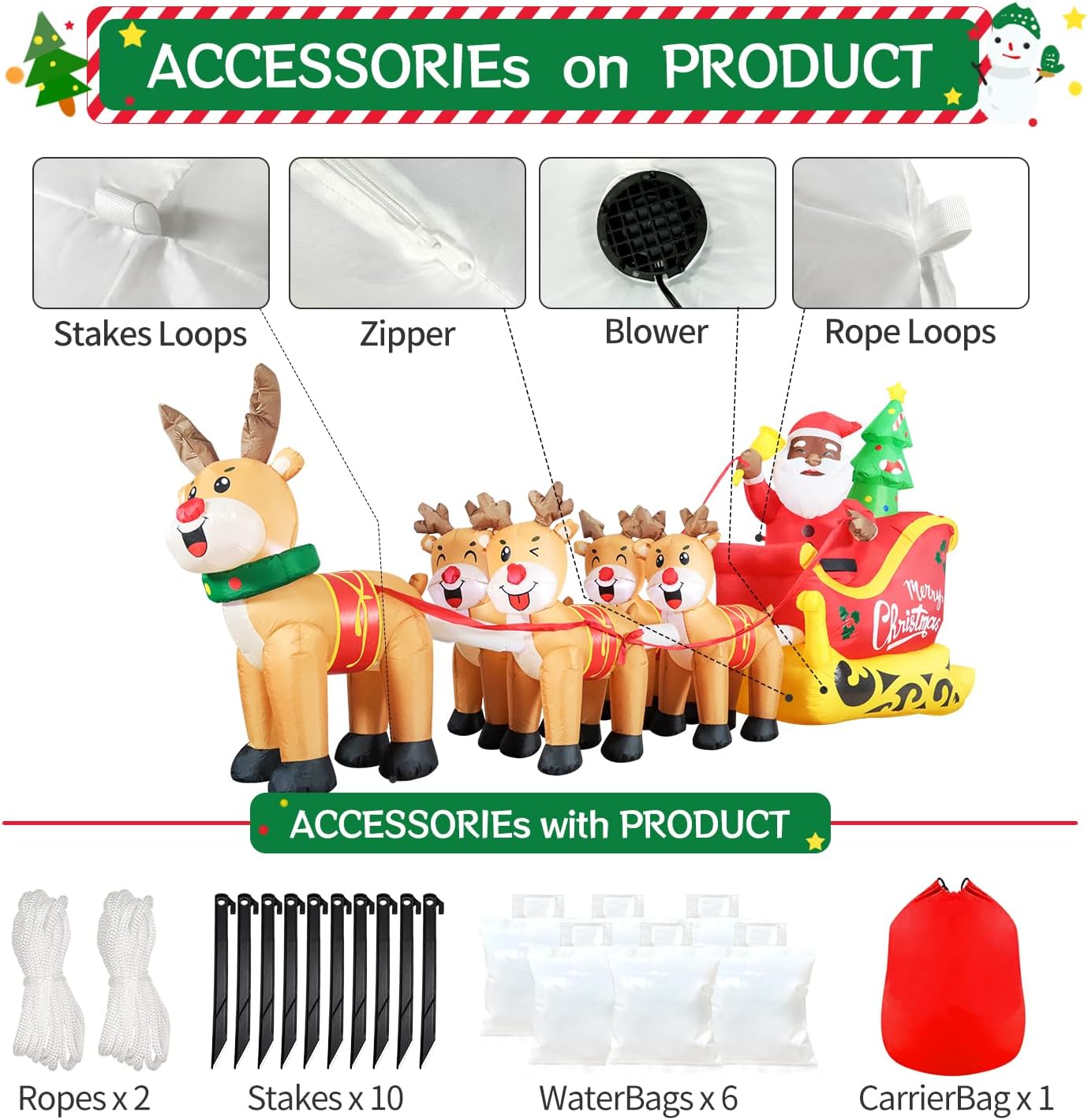 DomKom 12FT Christmas Inflatables Black Santa Sleigh, Black Santa Claus on Sleigh with Five Reindeers Blow up Giant Yard Decoration, Outdoor Built-in LED Lights Party Lawn Holiday Winter Decor Outside