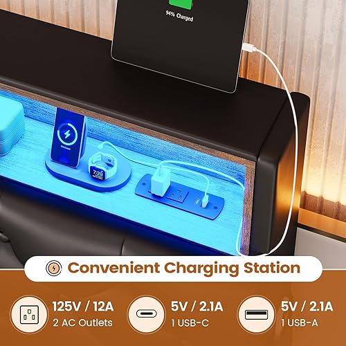 Miniatura 4 de BTHFST Base de cama Queen con 4 cajones y cabecera de almacenamiento oculta, marco de cama LED tamaño Queen con estación de carga, cama tapizada con