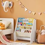 SoBuy Kids Bookshelf with 4 Fabric Sling Pockets, Montessori Front Facing Bookcase for Toddlers, Space Saving Children Book Organizer for Nursery Playroom & Bedroom, 62 x 30 x 71 cm, White FRG225-W