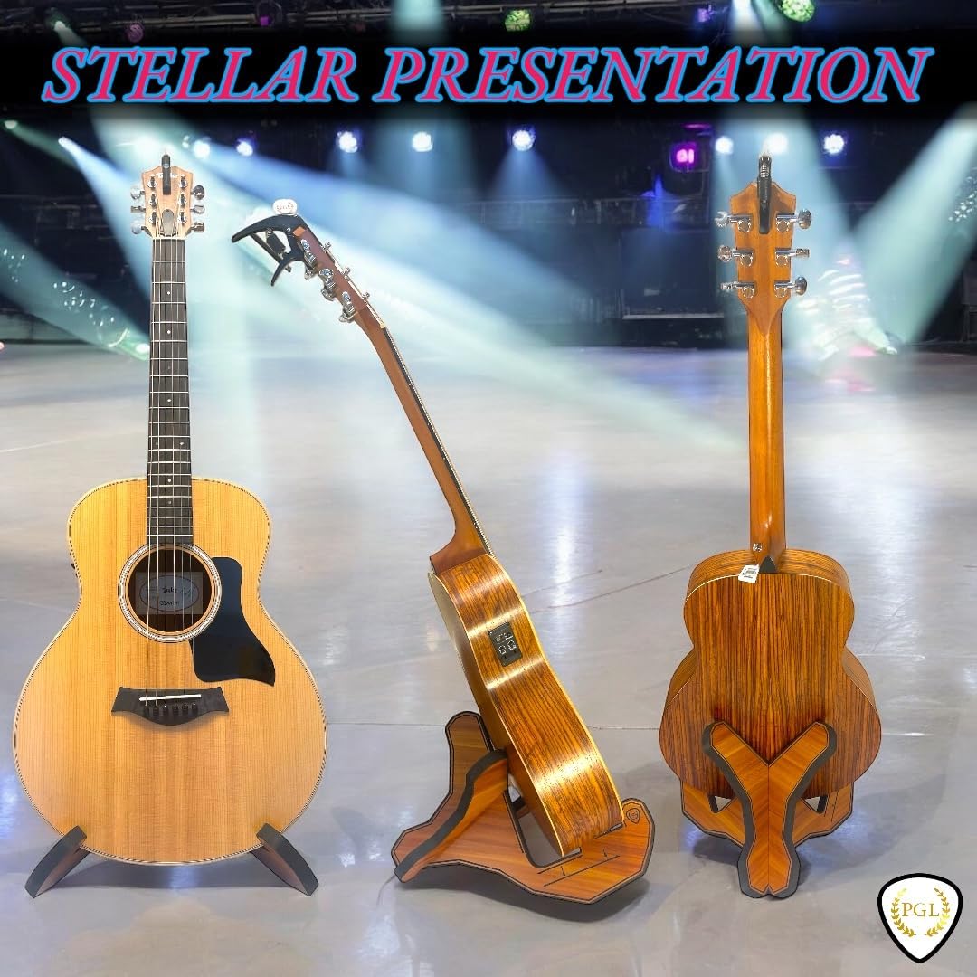 PGL Stepped Wooden Guitar Stand (Floor Stand) w/ Thicker EVA Protective Padding, Thicker Material, Electric Guitar Step, Acoustic Guitar Step, Concave Laser Engraved Diagram and Border, Universal Holder for Acoustic, Bass, Electric & Classical Guitars Sapele Wood Finish