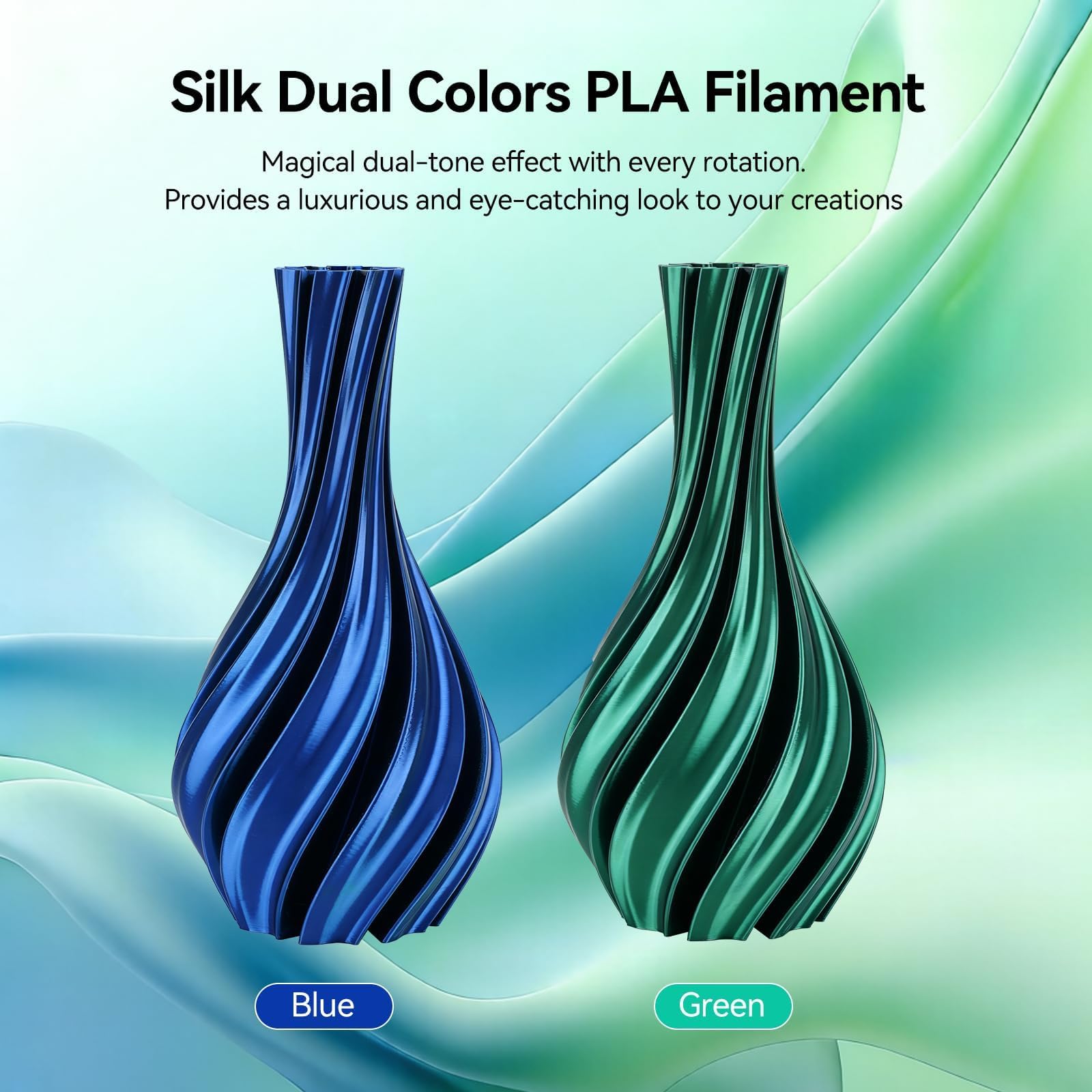 Kingroon Filamento PLA de doble color de 1.75 mm, color azul y verde, se adapta a la mayoría de impresoras 3D FDM, precisión dimensional +/- 0.03 mm, carrete de 2.2 libras, filamento brillante de
