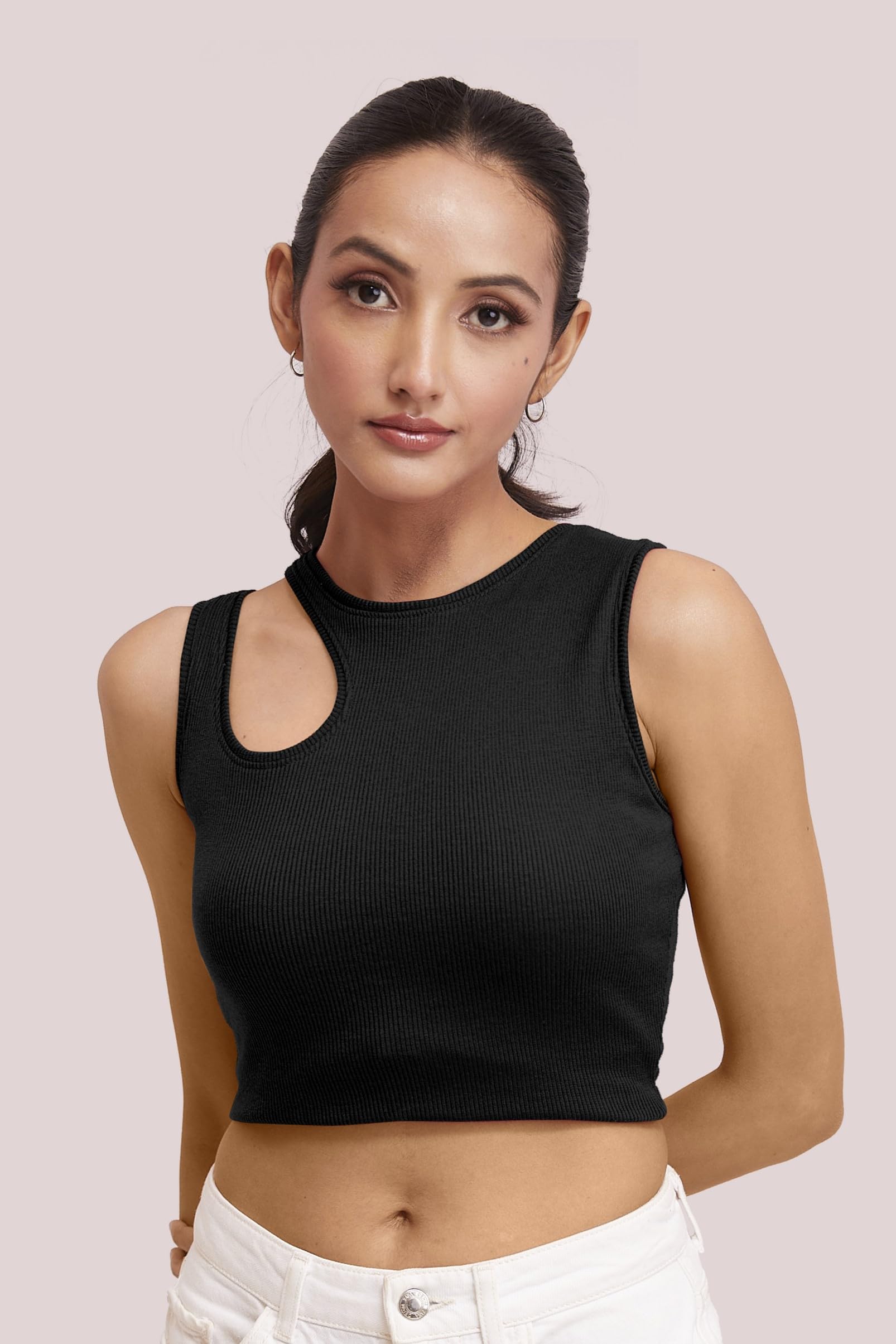 BERRY BIRD® Stylish Sleeveless Round Neck Slim Fit Cut Out Sholder Ribbed Knit Tank Crop Tops for Women & Girls Casual Beach and Gym Wear and Western Trendy Fashion Black 4