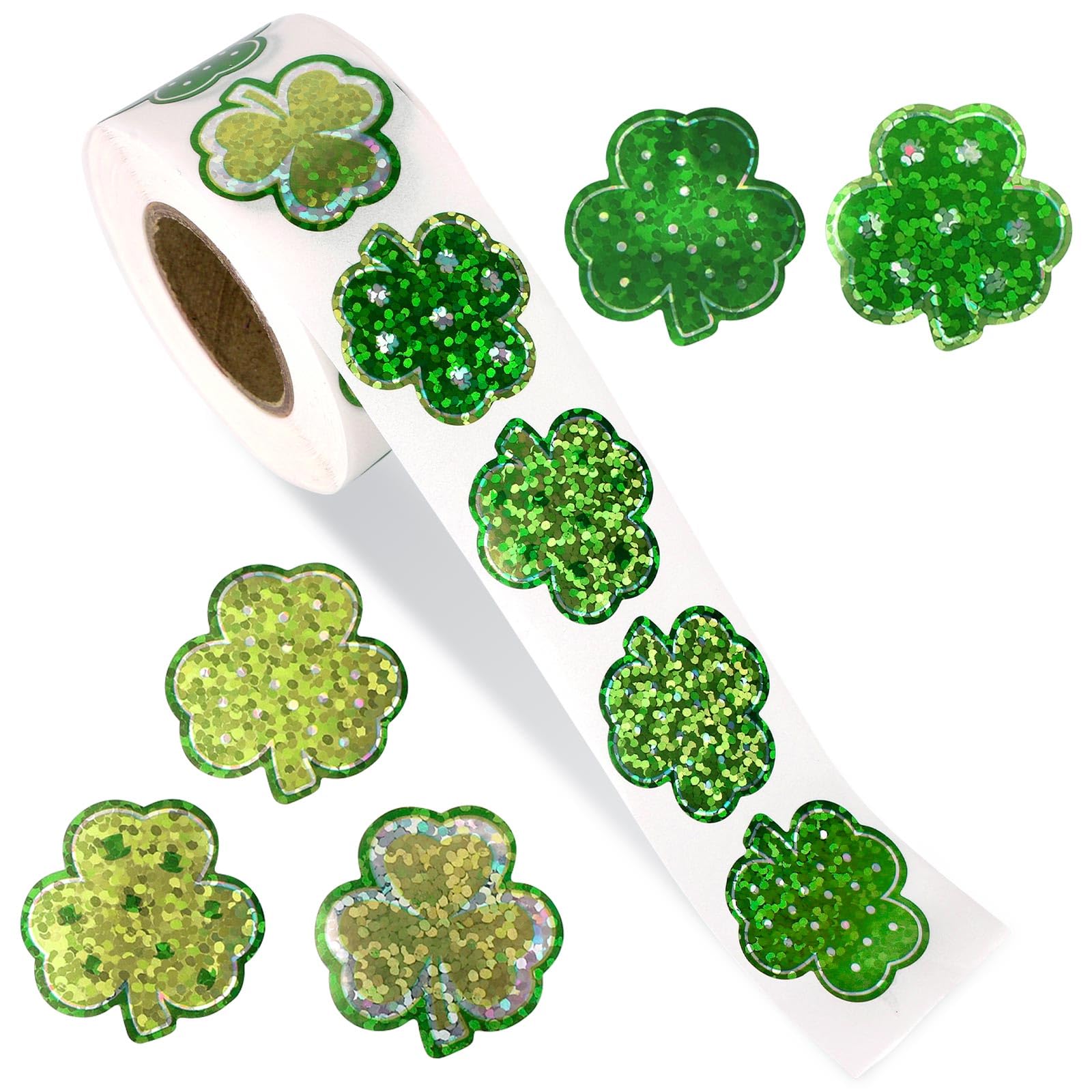 500pcs St. Patrick's Stickers, Glitter Green Shamrock Seal Stickers Self-Adhesive Waterproof Labels for Envelopes Journal Decor Irish Party Supplies