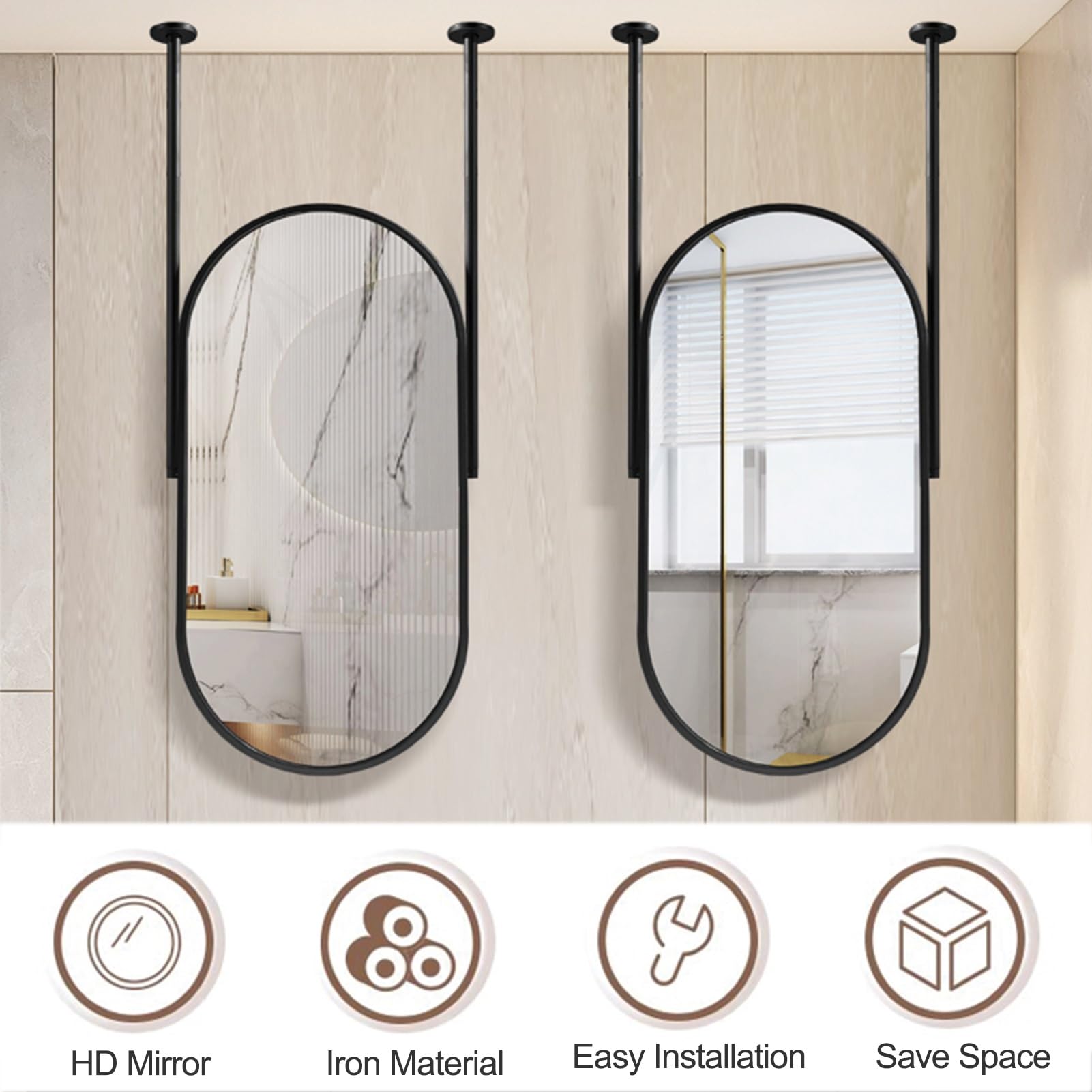 Espejo de Techo con Marco de Metal Negro y Varillas x 2 - Boom Personalizable, Espejos flotantes para tocador de baño, Espejos Decorativos Simples para Pared (tamaño: