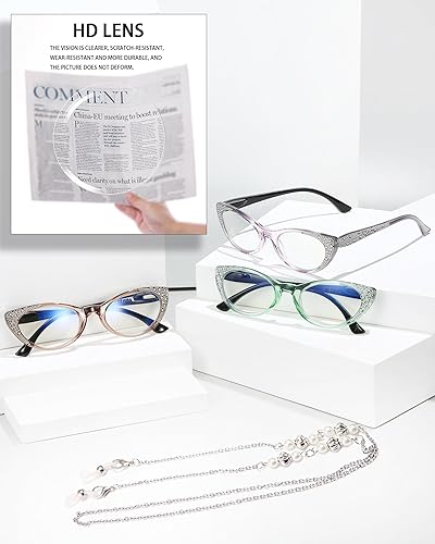Miniatura 8 de EYEURL Gafas de lectura de ojo de gato para mujer, bloqueo de luz azul, paquete de 3 unidades, para lectura de computadora con bisagra de resorte,