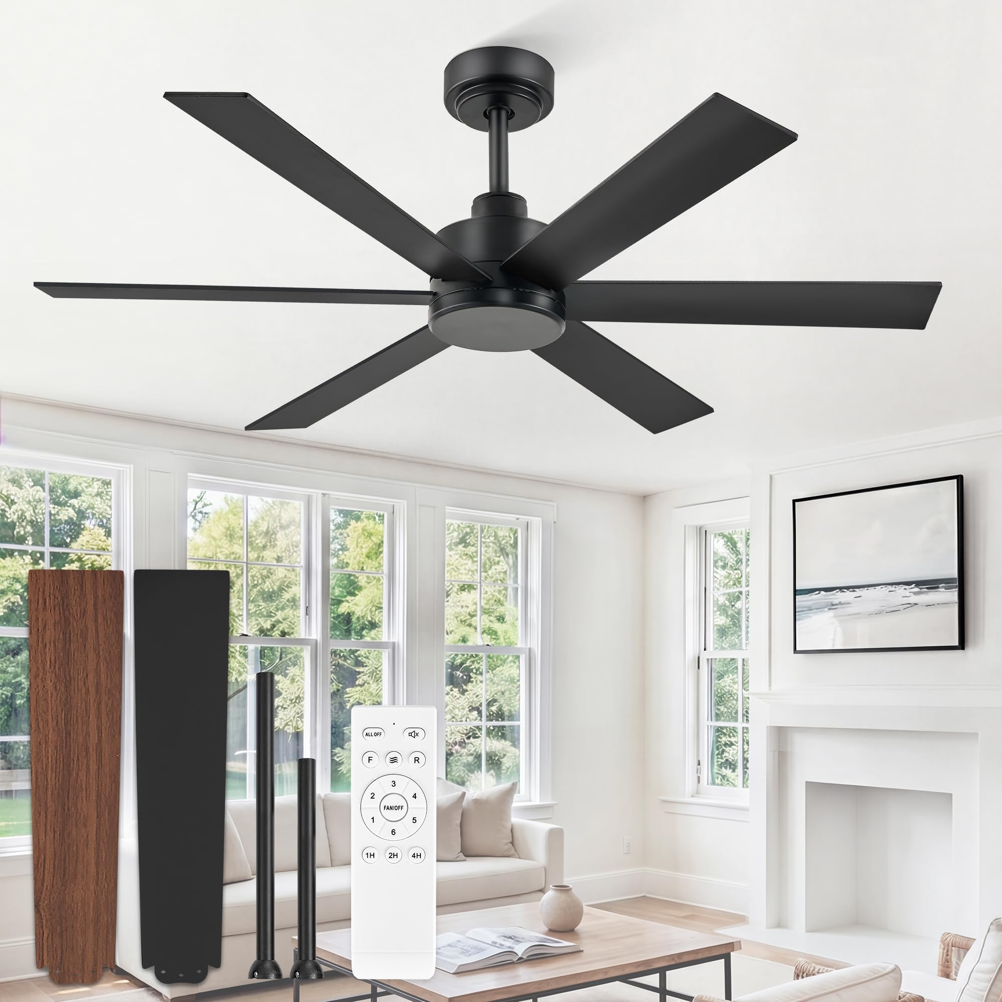 Photo 1 of ZMISHIBO 48 Inch Ceiling Fan No Light, Black Ceiling Fan Without Light, 6 Blades, Quiet Reversible DC Motor, 6-Speeds, Modern Ceiling Fan for Living Room, Bedroom, Patio, Indoor/Outdoor Use