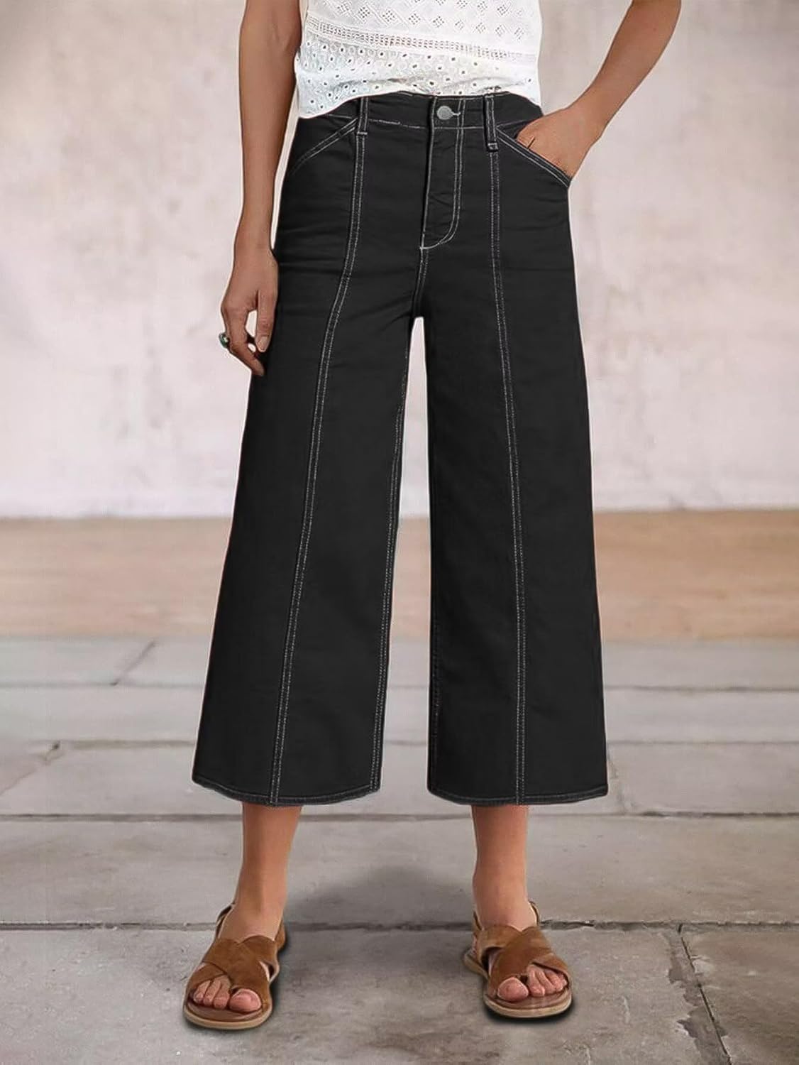 Flamingals Mid Waisted Straight Wide Leg Pants for Women Cropped Business Casual Pants - Image 2