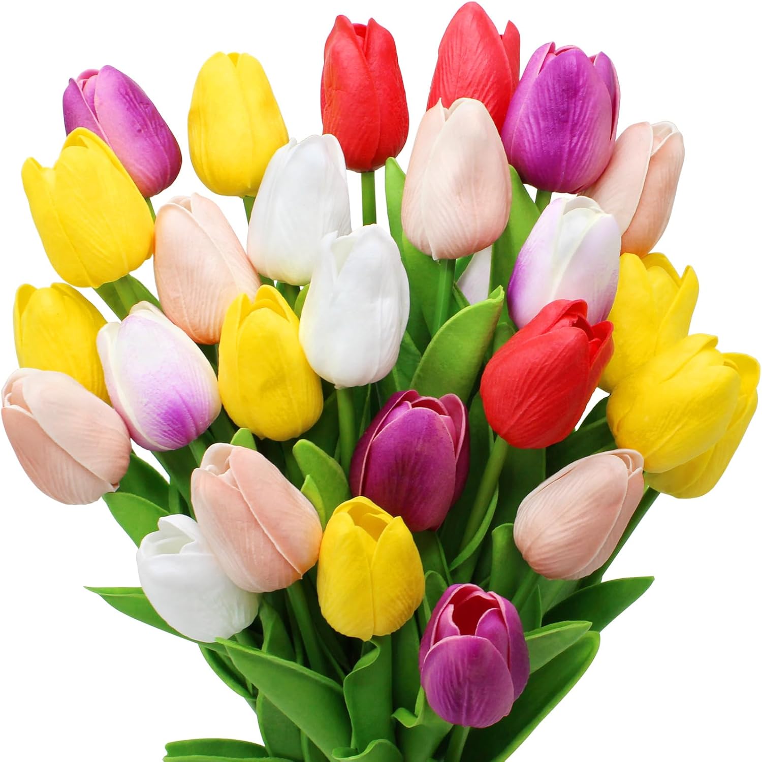 28pcs Multicolor Flowers Artificial Tulip Stems Real Feel PU Tulips for Easter Spring Wreath Wedding Bouquet Centerpiece Floral Arrangement Cemetery Table Décor 13" Tall
