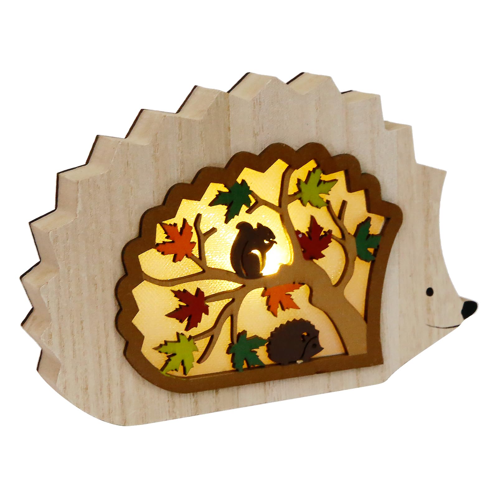 Landifor Hedgehog Wooden Decoration Light Up Hedgehog Shaped Autumn Tabletop Decor with Maple Leaves Squirrel Pattern for Home Indoor Harvest Fall Themed Table Decor Prop