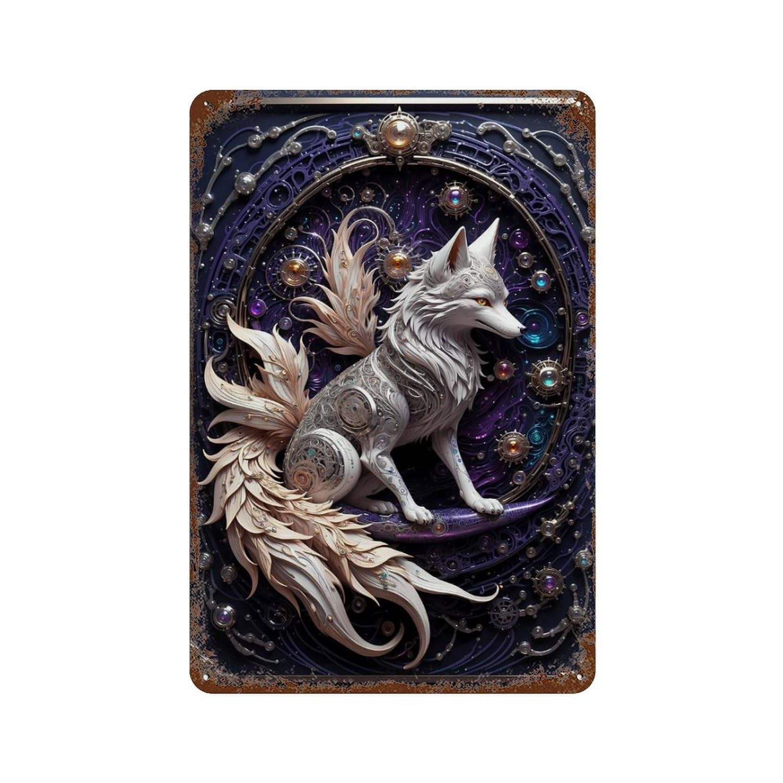 Decorative Tin Sign with Guardian Steampunk Fox Design 11.8"x7.9", for Farmhouse, Kitchen And Entryway Decor, Old School Wall Decor