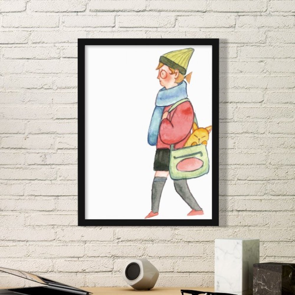 Cadre photo bois noir peinture chat et fille cadeau original pour anniversaire