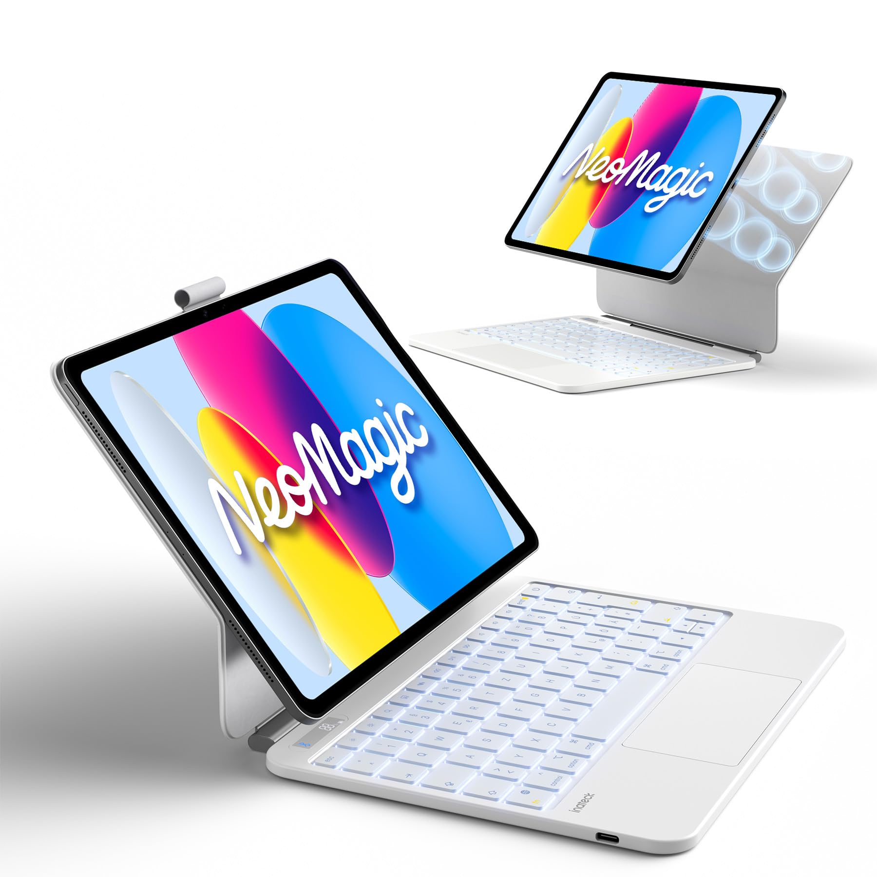 Inateck Hülle mit Tastatur für iPad 11(A16)/10. Gen, großes Touchpad | LED-Anzeige, Ein-/Ausschalter, 7-farbige Beleuchtung, Stiftfach, Neomagic, Milchweiß