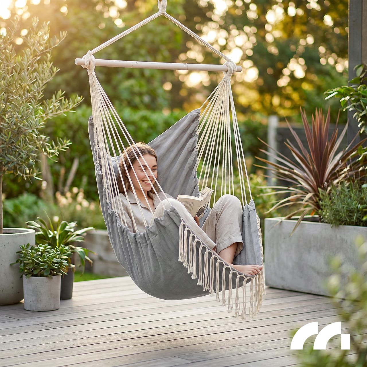 MalTec Fotel wiszący, 2 poduszki, wiszące krzesło ogrodowe, hamak brazylijski Swing Cocoon LUA Long jasnoszary