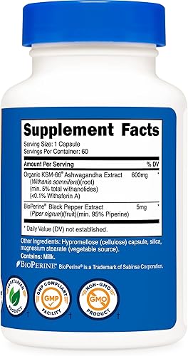 Miniatura 4 de Nutricost KSM-66 Extracto de raíz de Ashwagandha de 600 mg 60 cápsulas vegetales - Alta potencia 5 Withanolides - Con BioPerine - Extracto de raíz