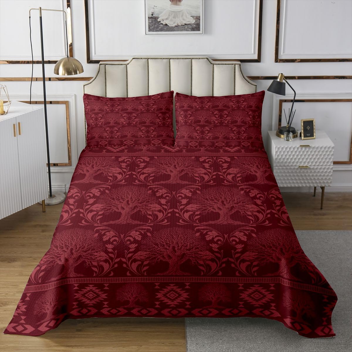Erosebridal Tree of Life Quilt Set Goth Witchy Damask Twin Bedspread Set Spooky Aztec Coverlet Sets Retro Floral Scroll Baroque Victorian Quilted,Maroon Dark Academia Decor