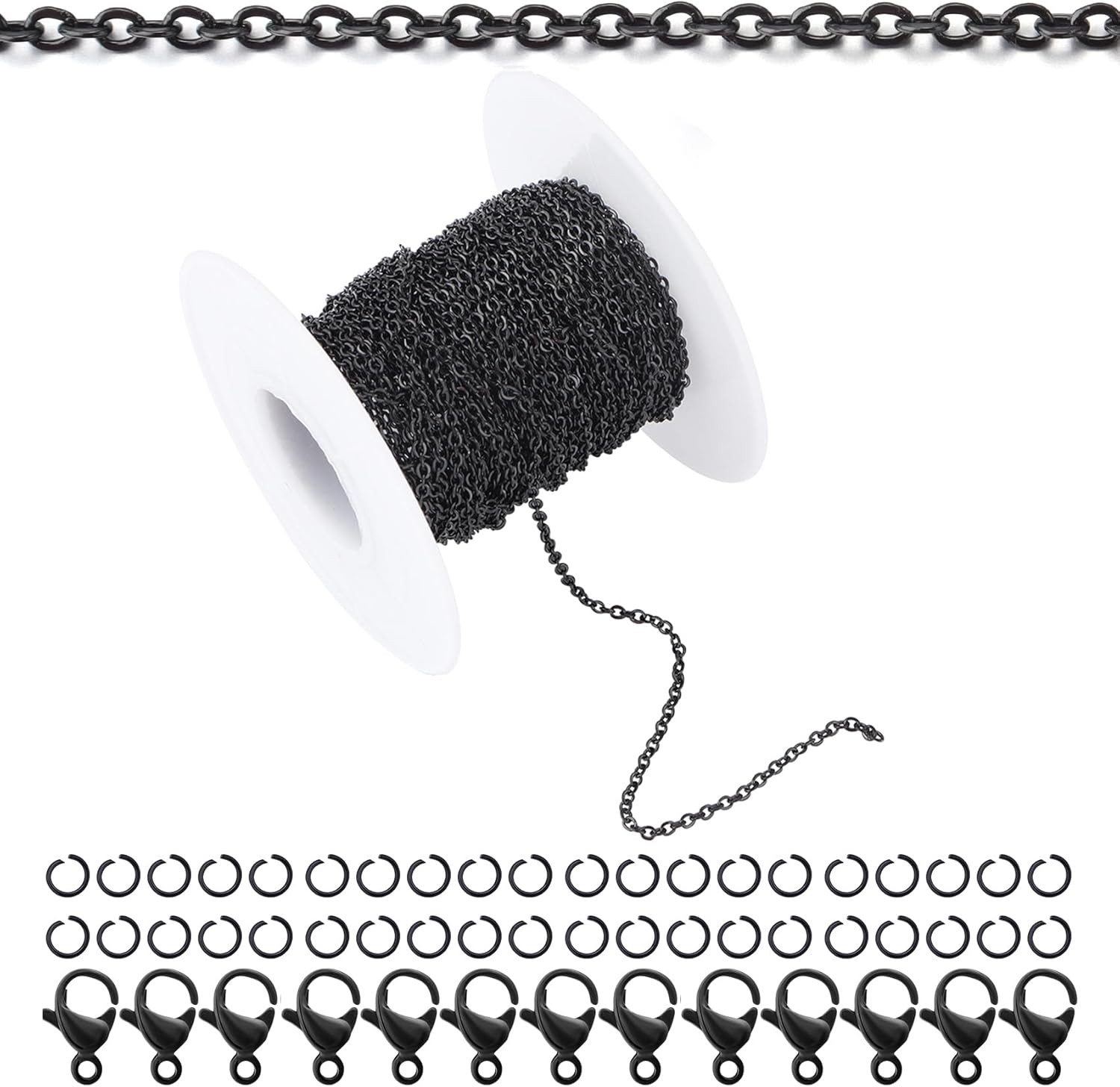 66Feet Black Stainless Steel Necklace Chains Cable Link Chains for Jewelry Making DIY Craft Kit with Lobster Clasps Jump Rings
