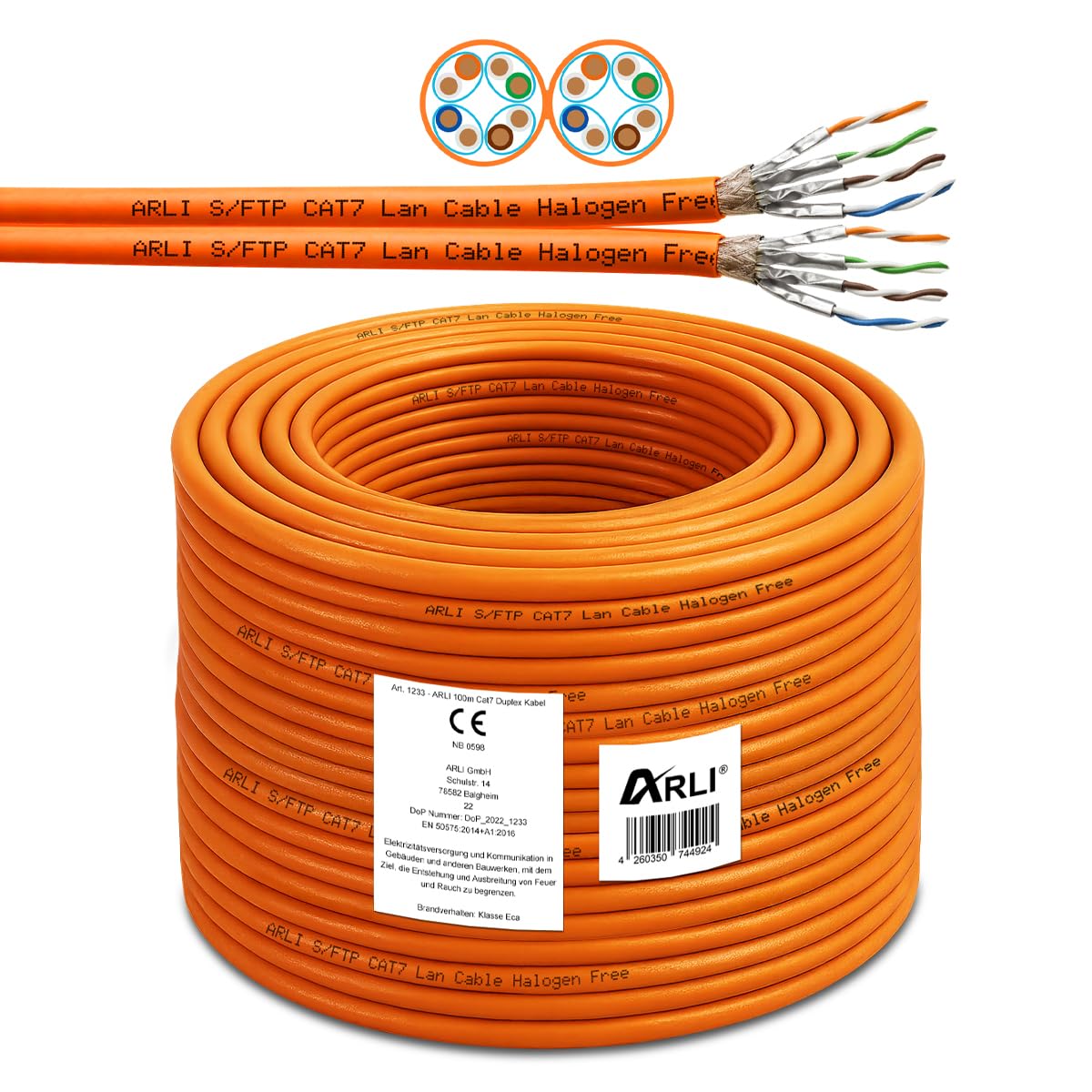 ARLI Cavo di rete CAT 7 da 100 m duplex + 10 connettori di rete RJ45 CAT8.1 senza attrezzi, senza attrezzi, cavo LAN, senza alogeno, cavo di installazione cat7 Twin cavo di rete schermato