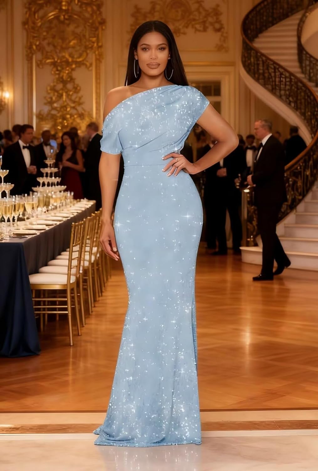 Cudiew Sparkly Sequin Prom Dress for Women One Shoulder Long Mermaid Cap Sleeve Formal Evening Party Gown - Image 3