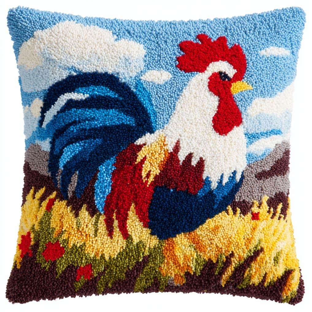 WallustrioaW DIY Latch Hook Pillow Kit,Rooster Pillowcase Kits Embroidery Kits 17X17 Inch DIY Needlework Pillow Cover Sofa Cushion Rug Making