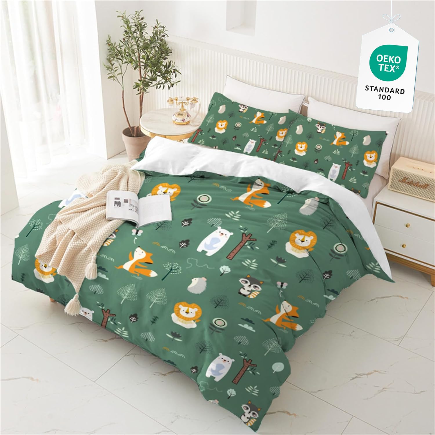 Yasida Wildlife Safari Animal Print Bedding Kids Duvet Cover Set Microfiber Dark Green Bedding With Cute Lion Bear Fox Tree Pattern For Boys/Girls Double Duvet Cover Set 200x200 & 2 Pillowcases 50x75 — image 1