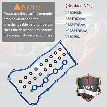 VS50698R Engine Valve Cover Gasket Set Compatible with Jeep Compass Patriot Chrysler 200 Sebring Dodge Avenger Caliber Journey 2.0L L4 2.4L - Replace VS50498 48847626AA 04884763AA